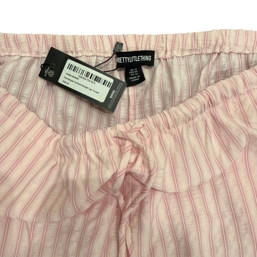 PrettyLittleThing PrettyLittleThing Striped Tie Waste Straight Leg Trouser Size 34" / US 12 / IT 48 - 4 Thumbnail