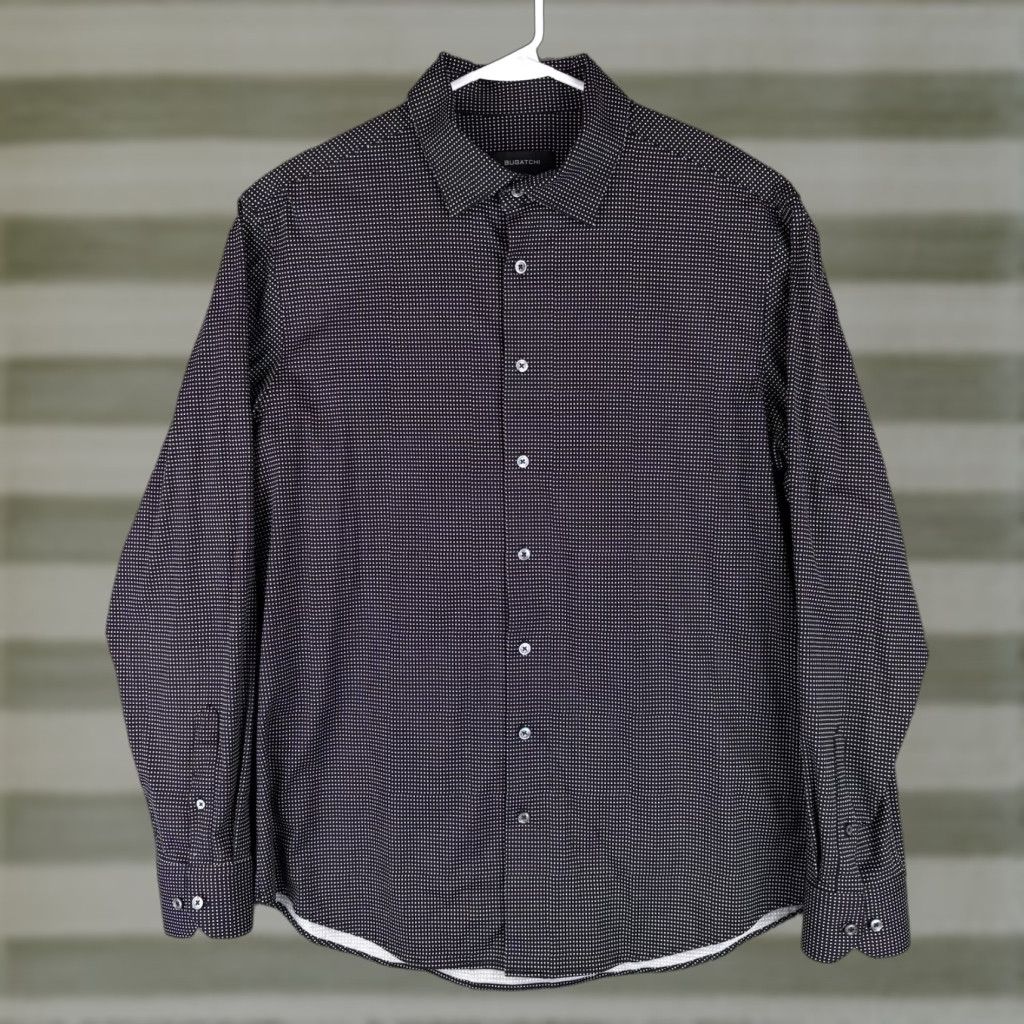 BUGATCHI BUGATCHI Dress Shirt Men XL Black White Polka Dot 8 Way Stretch Button-Up Casual Long Sleeve Collared Spread Size 46R - 1 Thumbnail