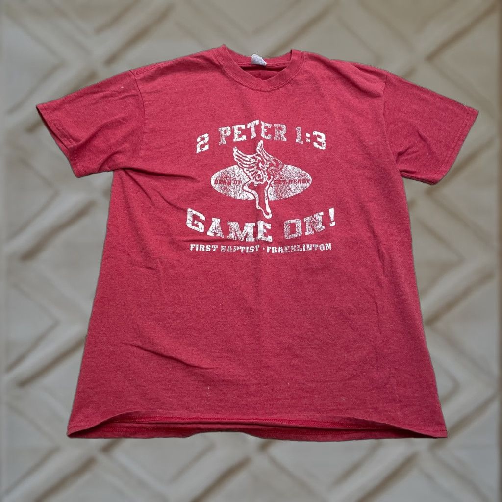 Gildan Gildan Heavy Cotton Shirt Mens M Red 2 Peter 1:3 Game On First Baptist Logo Shirt Mens Color Red Decent Condition Spots"} Size US M / EU 48-50 / 2 - 1 Thumbnail