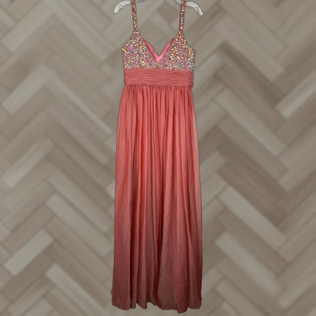 Vintage David’s Bridal Hoco Prom Dress Bling Womans 7/8 Fairy Salmon Pink Sleeveless Polyester Read Read