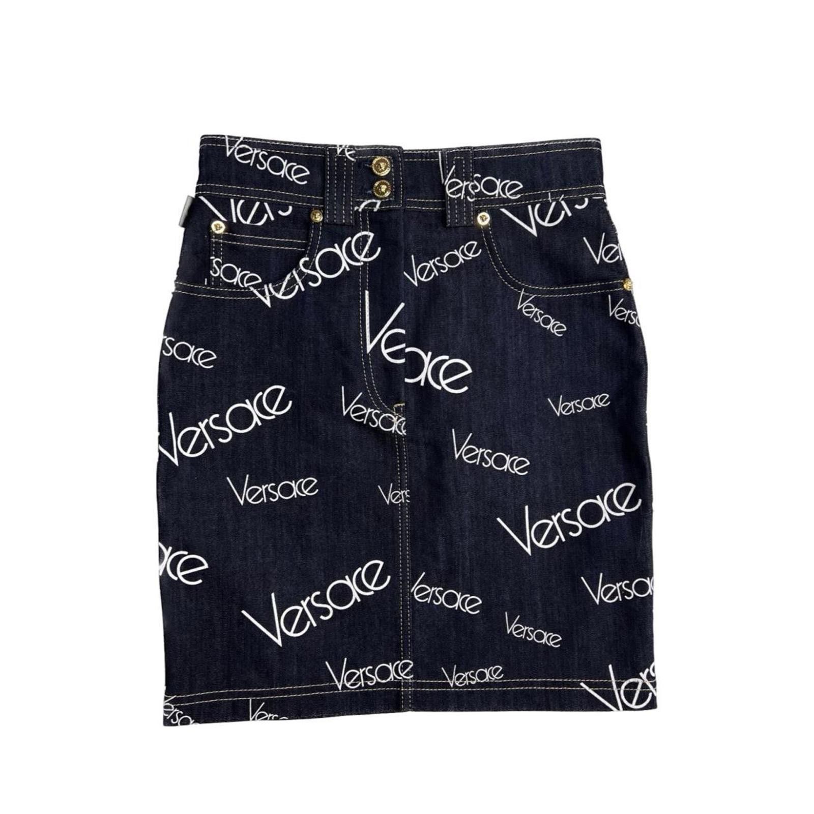 Versace Versace Denim Logo Mania Mini Skirt Size 26" / US 2 / IT 38 - 1 Thumbnail