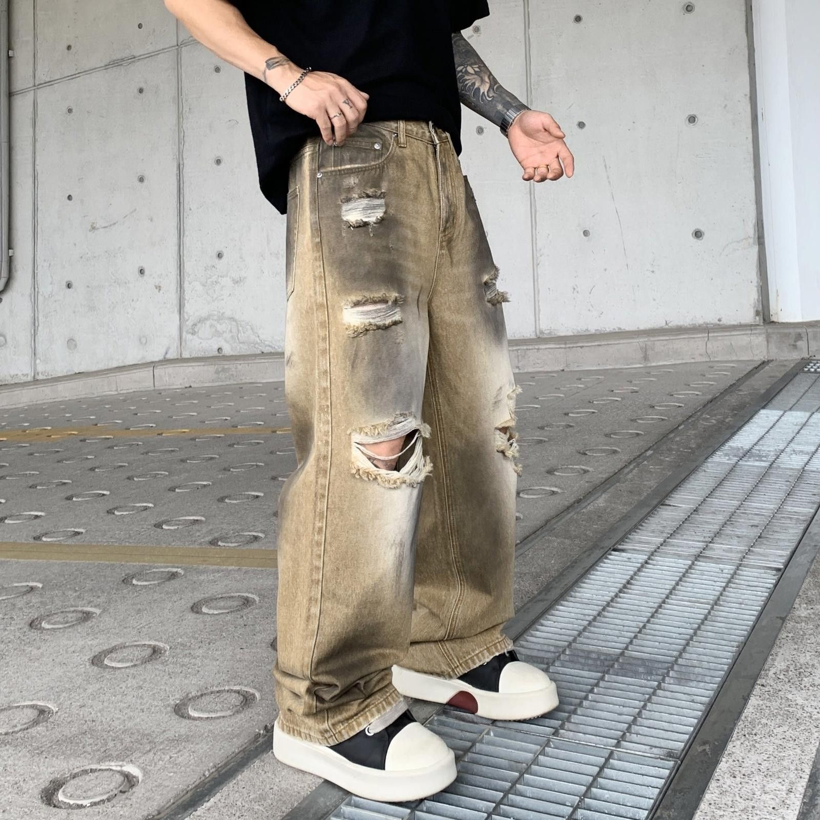 Japanese Brand Beige Distressed Baggy Denim Jeans, Wide Leg Ripped Jeans Size US 32 / EU 48 - 3 Thumbnail