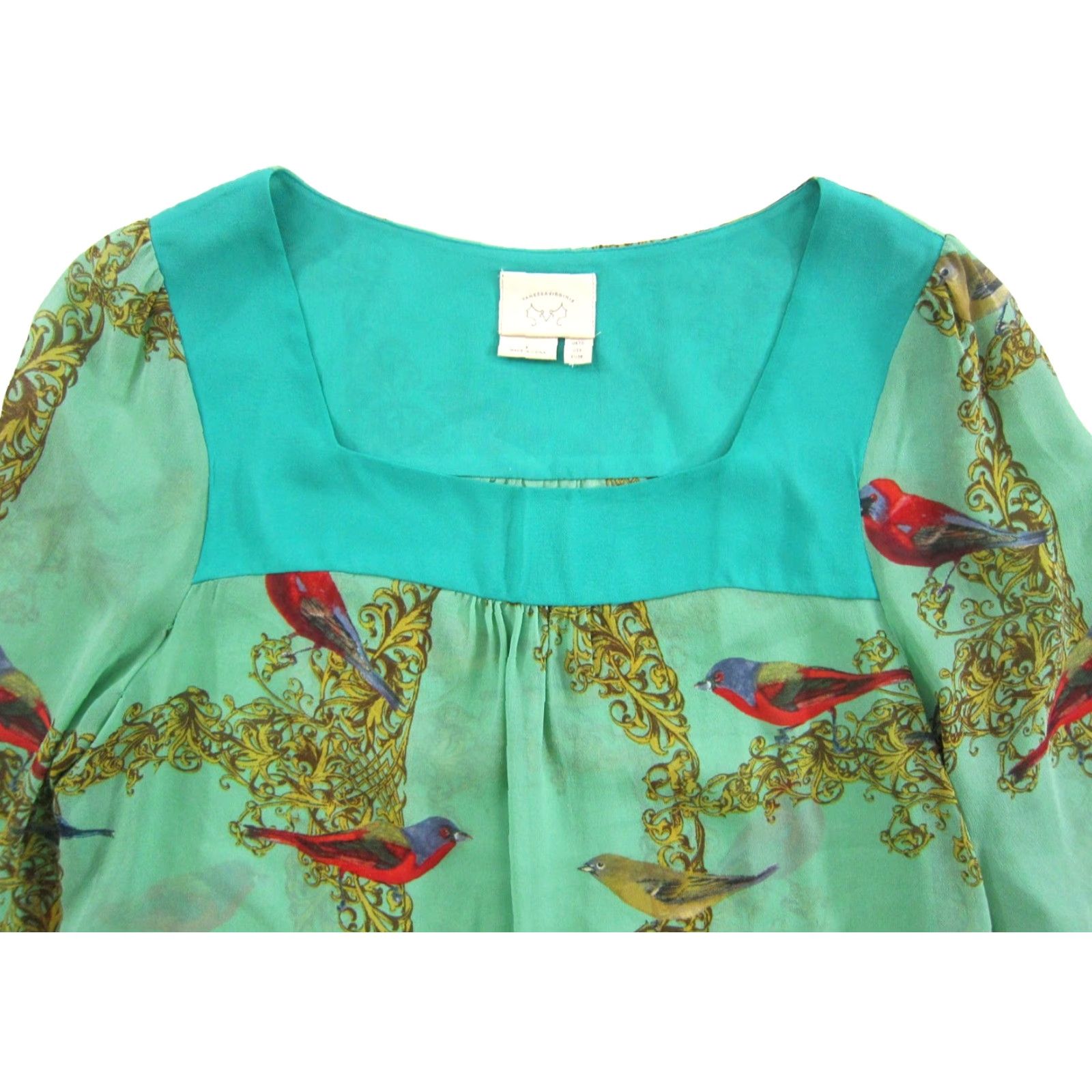 Vintage Vanessa Virginia Blouse Long Sleeve Shirt 6 Green Sheer Bird 100% Silk Classic Womens Size M / US 6-8 / IT 42-44 - 4 Thumbnail