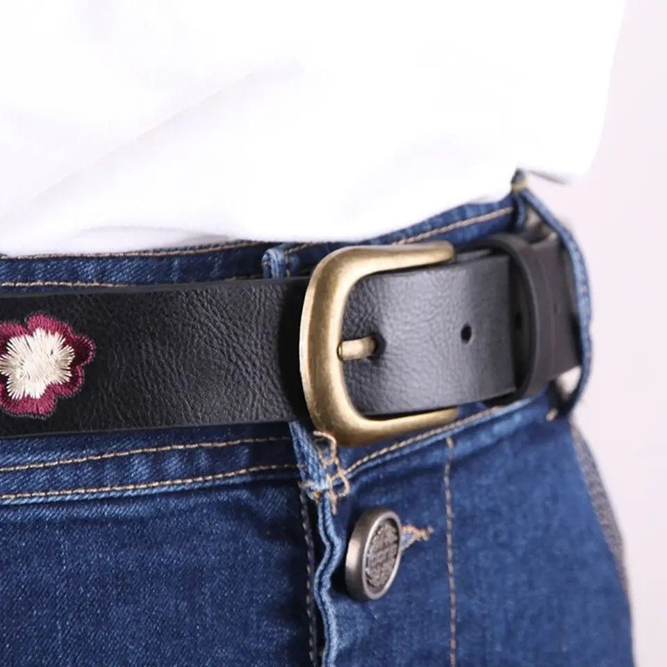 Leather Versatile Embroidered Flower Leather Belt Size ONE SIZE - 4 Thumbnail