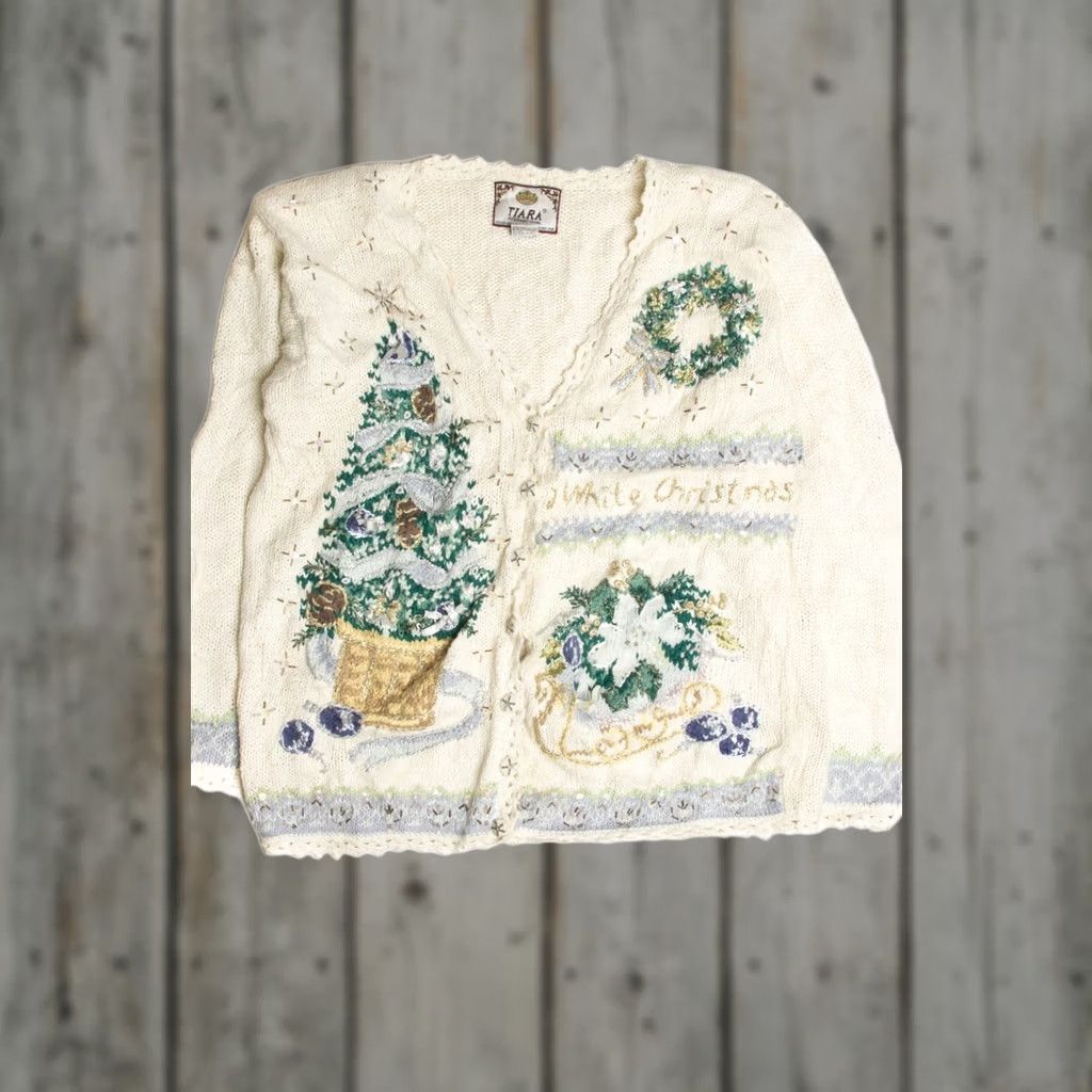 Vintage VINTAGE White Ugly Christmas Cardigan - TIARA Cardigan, Medium, Adults, White, Ramie / Cotton / Other, 27” Length, 44” Chest Bust, 1954 Ragstock Size M / US 6-8 / IT 42-44 - 1 Thumbnail