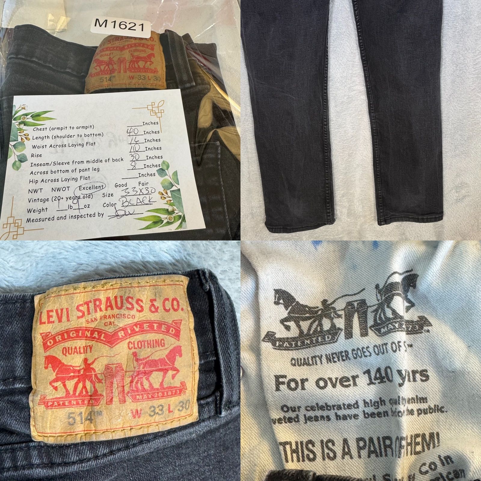 Levi's Levi’s 514 Men’s Jeans Black Denim Mid-Rise Straight Leg 33 x 30 Vintage No Size US 33 - 8 Thumbnail