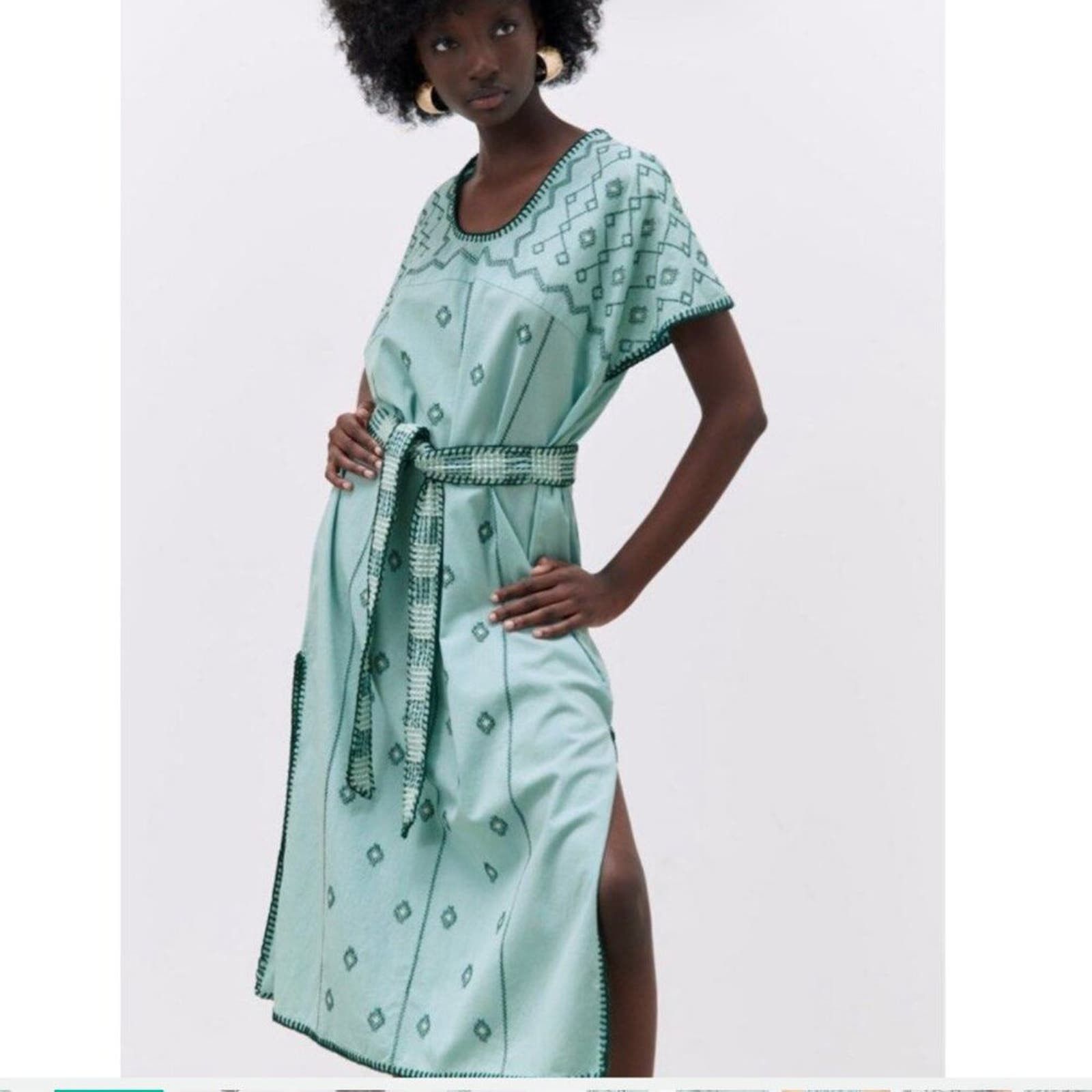 image of NWOT Zara Linen Embroidery Midi Dress In Aqua Mint in Green, Women's (Size Small)