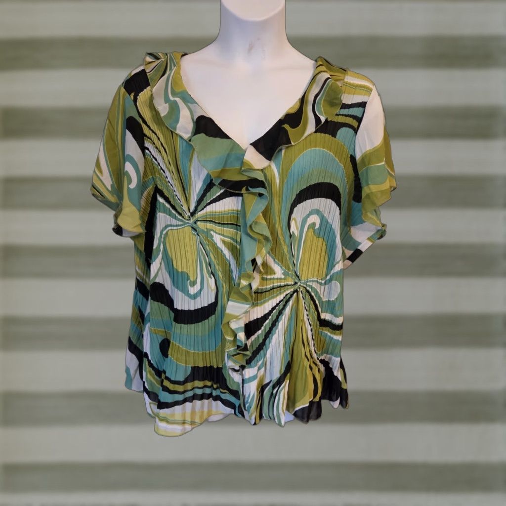 CO New York City Design Co Woman Abstract Ruffle Button-Up Blouse 3X Size XXL / US 16-18 / IT 52-54 - 1 Thumbnail