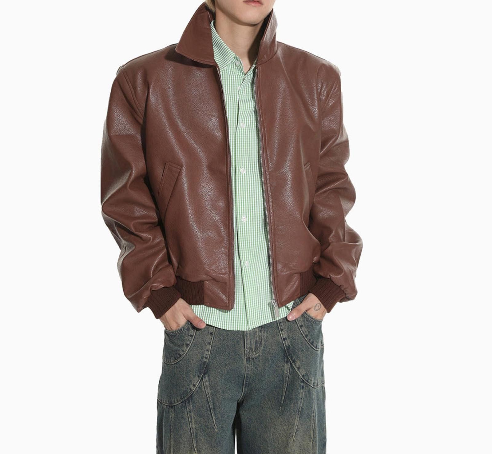Japanese Brand Brown Faux Leather Bomber Jacket, Relaxed Fit Outerwear Size US M / EU 48-50 / 2 - 1 Thumbnail