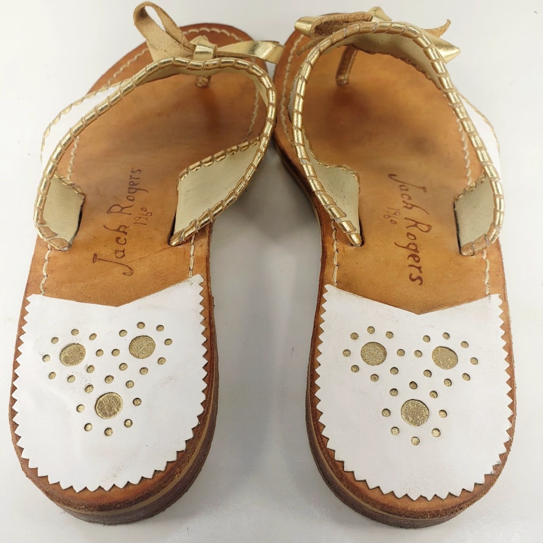Jack Rogers VINTAGE Jack Rogers Adeline White Sandal Leather Bow Gold Metallic Trim Slip On 8.5-9 Womens Leather Flat 95s Cottage Metal Size US 8 / IT 38 - 6 Thumbnail