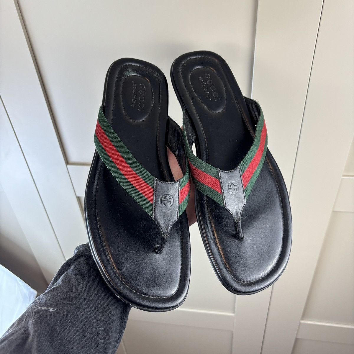 Gucci MenS Thong Sandal With Web Leather Slide $550 Size G 12 Us 13, Men's
