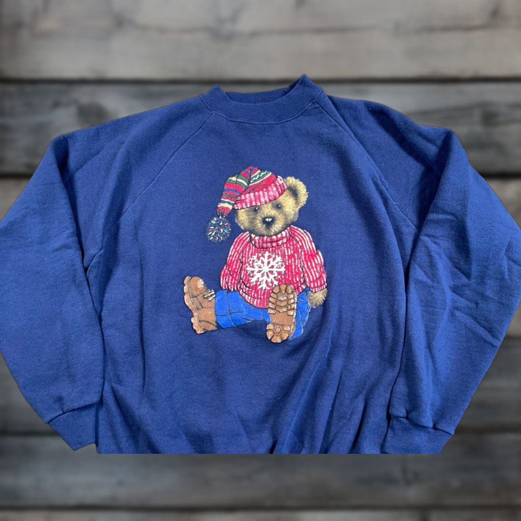 Hanes VTG 90s Winter Teddy Bear Motif Sweatshirt Adult Large Blue Raglan Sleeves 50/50 Size US L / EU 52-54 / 3 - 1 Thumbnail