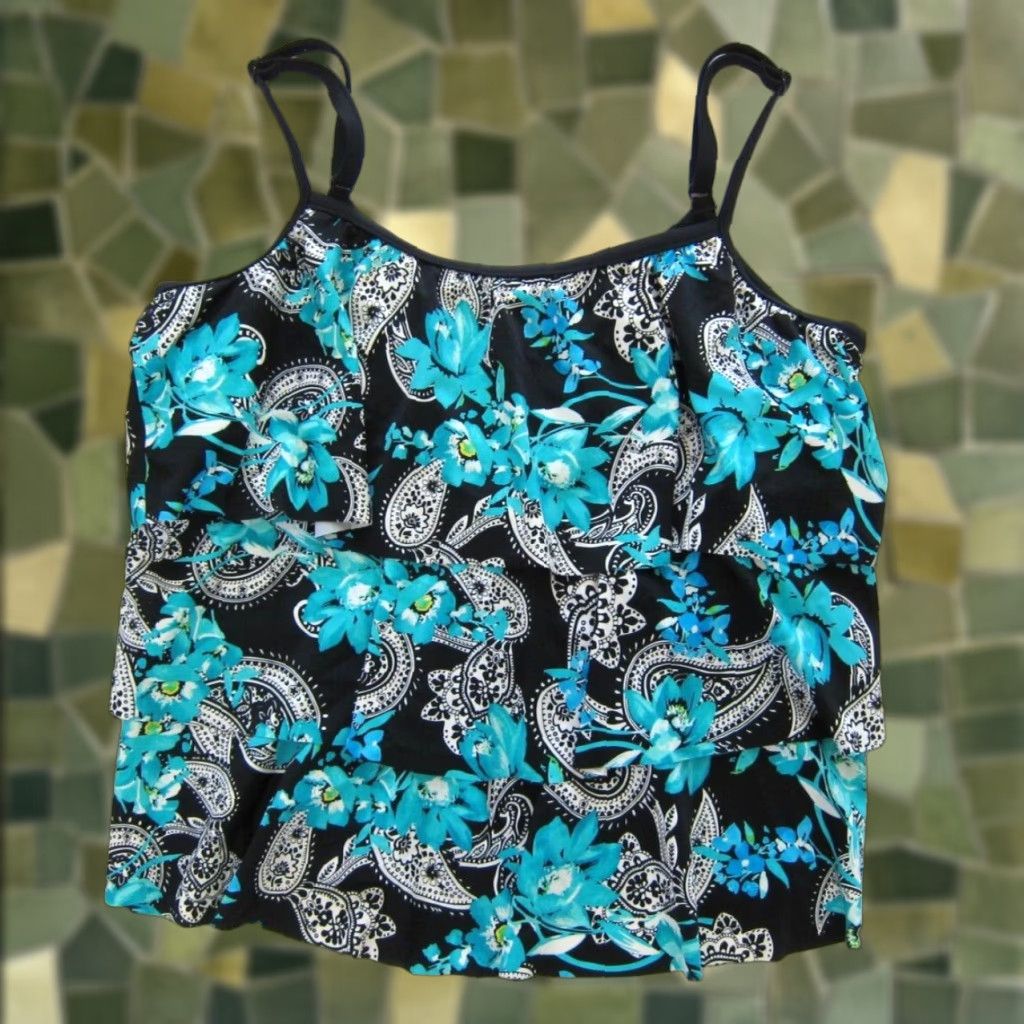 Vintage Maxine Of Hollywood Black Blue Floral Paisley Built In Bra Swim Tankini Top 22W Size 3XL / US 20-22 - 1 Thumbnail