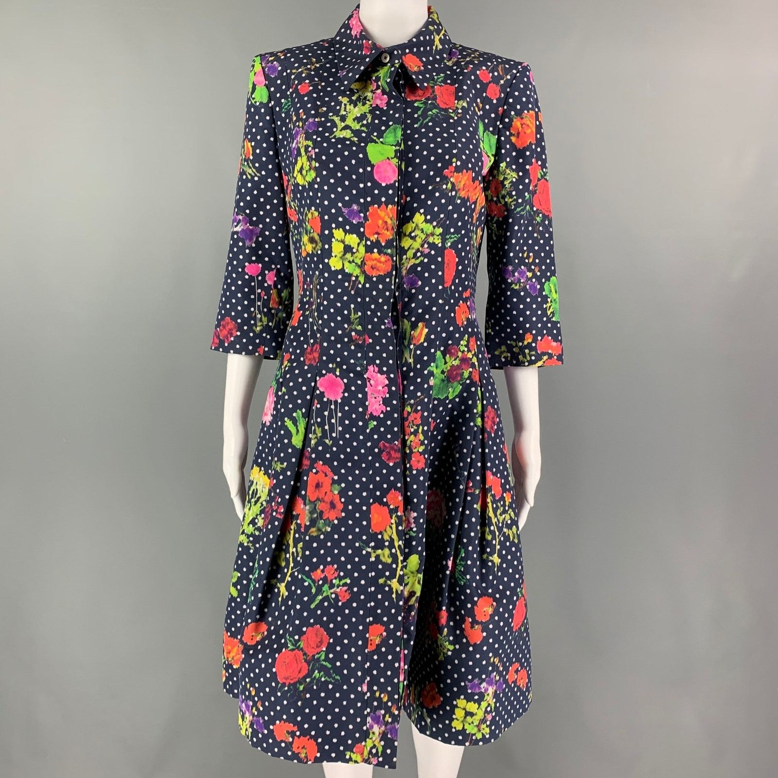 Navy Multi-Color Silk Polka Dot 3/4 Sleeves Coat