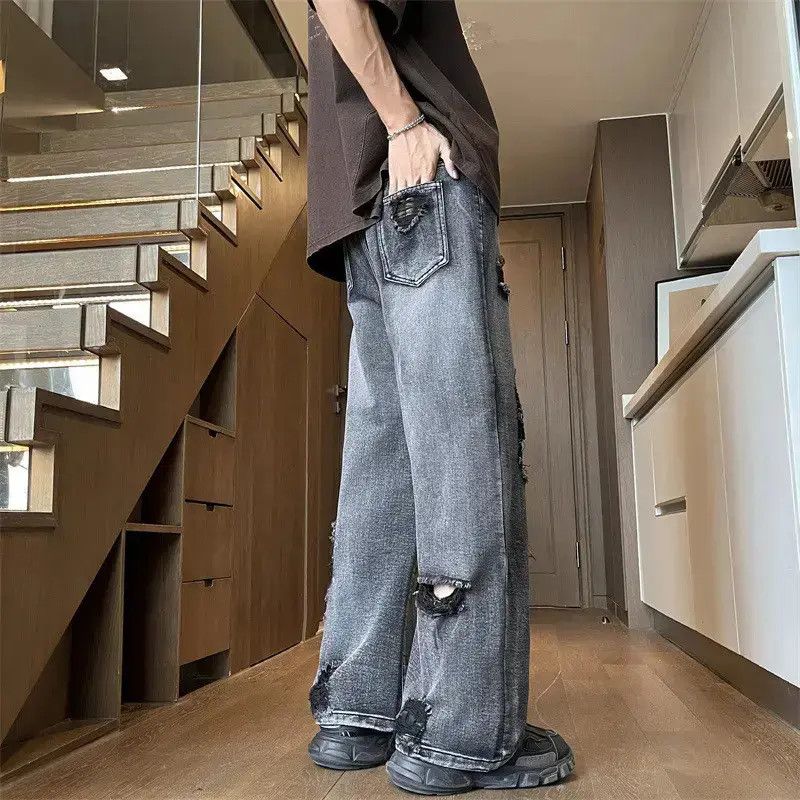 Japanese Brand Retro loose wide leg straight leg ripped jeans Size US 32 / EU 48 - 3 Thumbnail