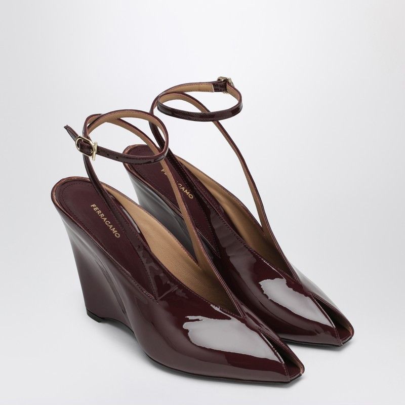 Ferragamo Peep Toe Wedge Sandals In Bordeaux