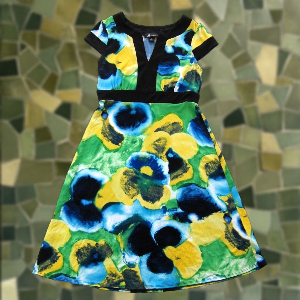 Vintage AB Studio Yellow Floral Stretch Short Sleeve Sheath Dress Small Women Size 28" / US 6 / IT 42 - 1 Thumbnail