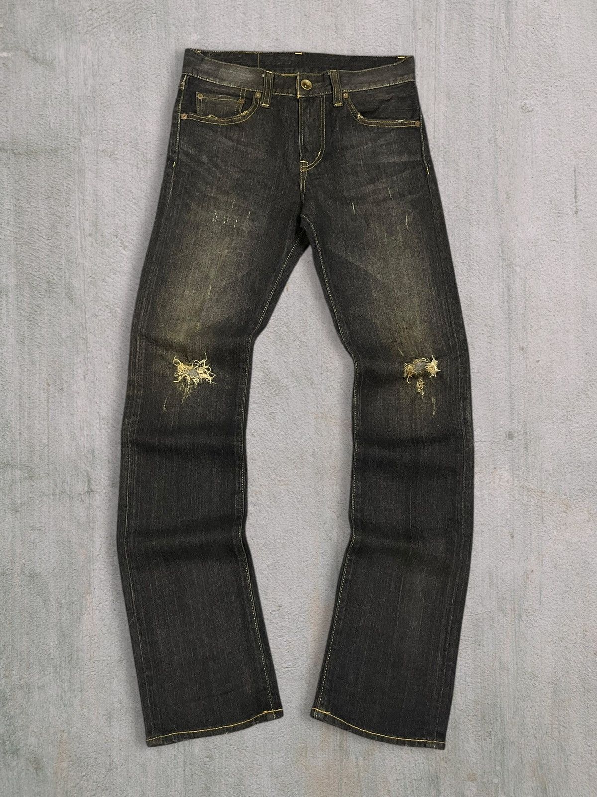 Jun Takahashi Uniqlo Stretchable Slim Straight Denim Mud Wash Ripped Jeans Size 29" - 2 Thumbnail