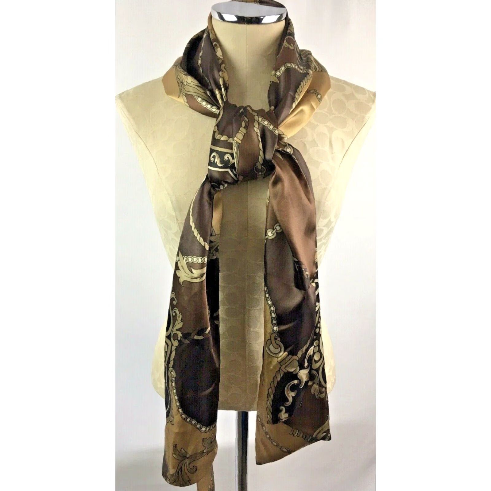 Vintage VINTAGE Dennis Basso Scarf Brown Gold Classic Chain Print 12 x 41" Plus Size Satin Polyester Women Rectangle Scarf 1X Size ONE SIZE - 2 Thumbnail