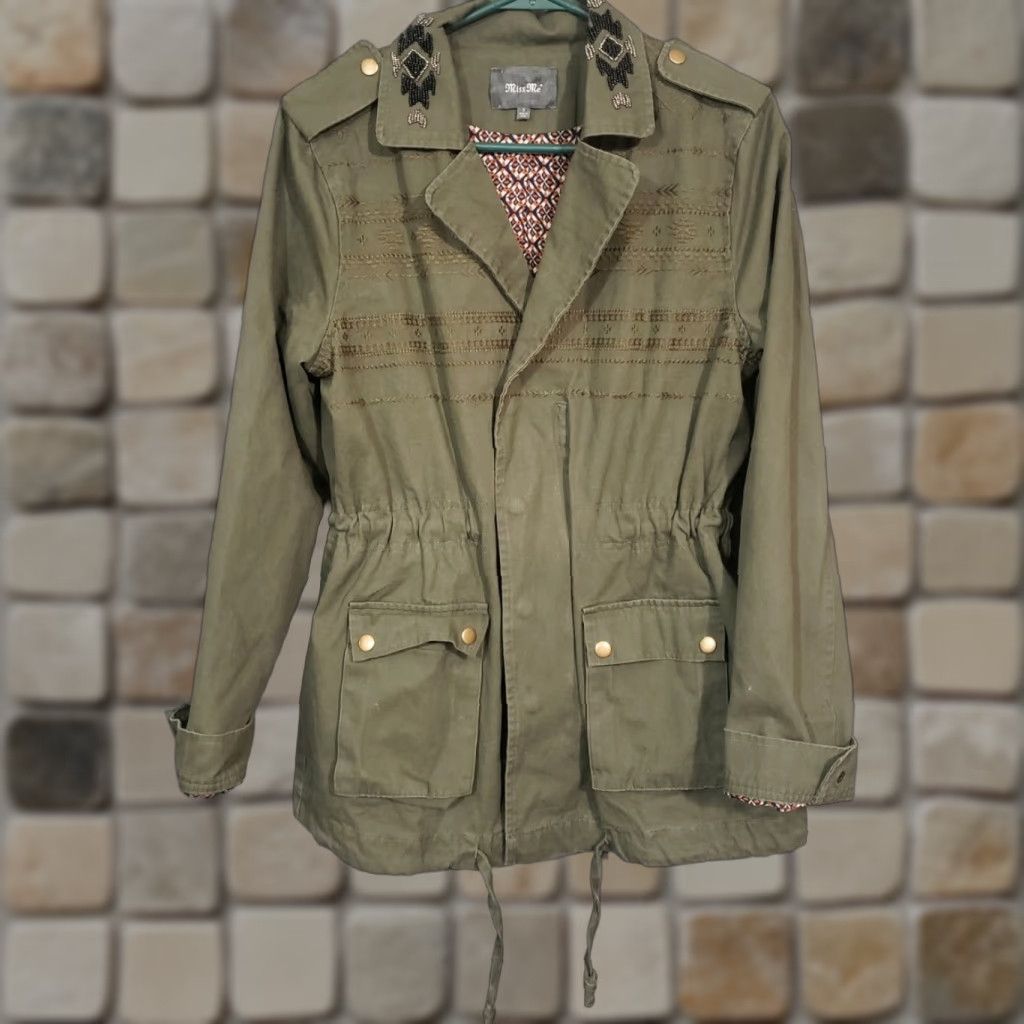 Miss Me Miss Me Army Green Beaded Collar Jacket Embellished Size S Button-Front Casual Womens Jacket Size S / US 4 / IT 40 - 1 Thumbnail