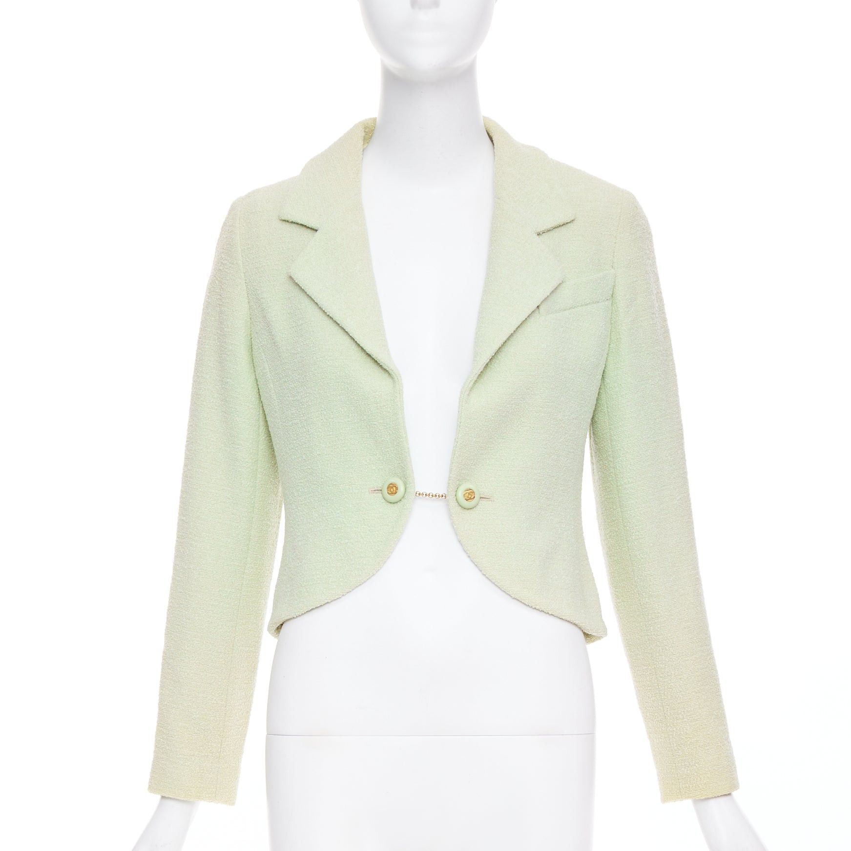 Chanel CHANEL 94P Vintage mint green boucle wool chain buttons cropped jacket FR42 XL Size L / US 10 / IT 46 - 1 Thumbnail