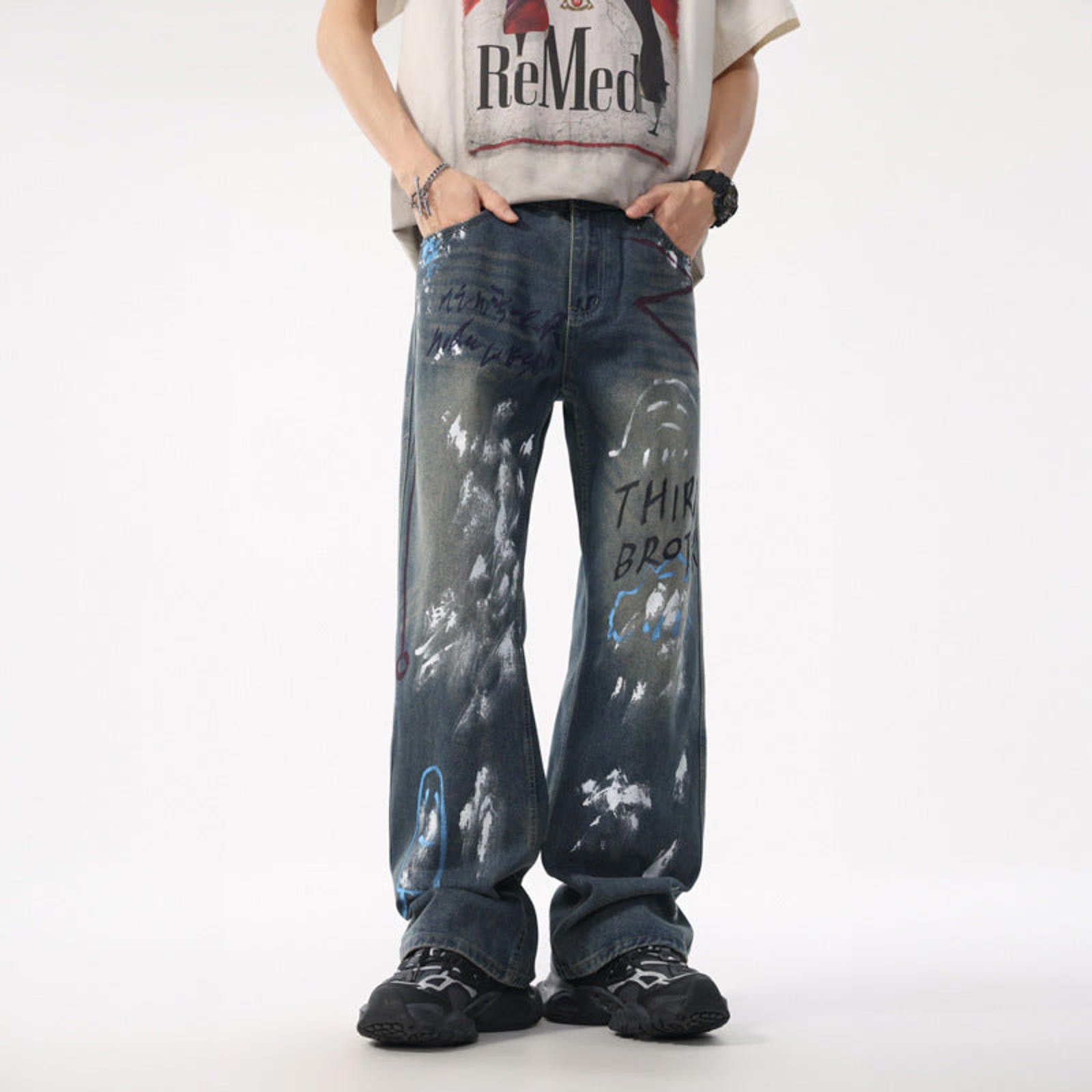 Jean Blue Relaxed Fit Painted Effect Denim Jeans Size US 30 / EU 46 - 3 Thumbnail