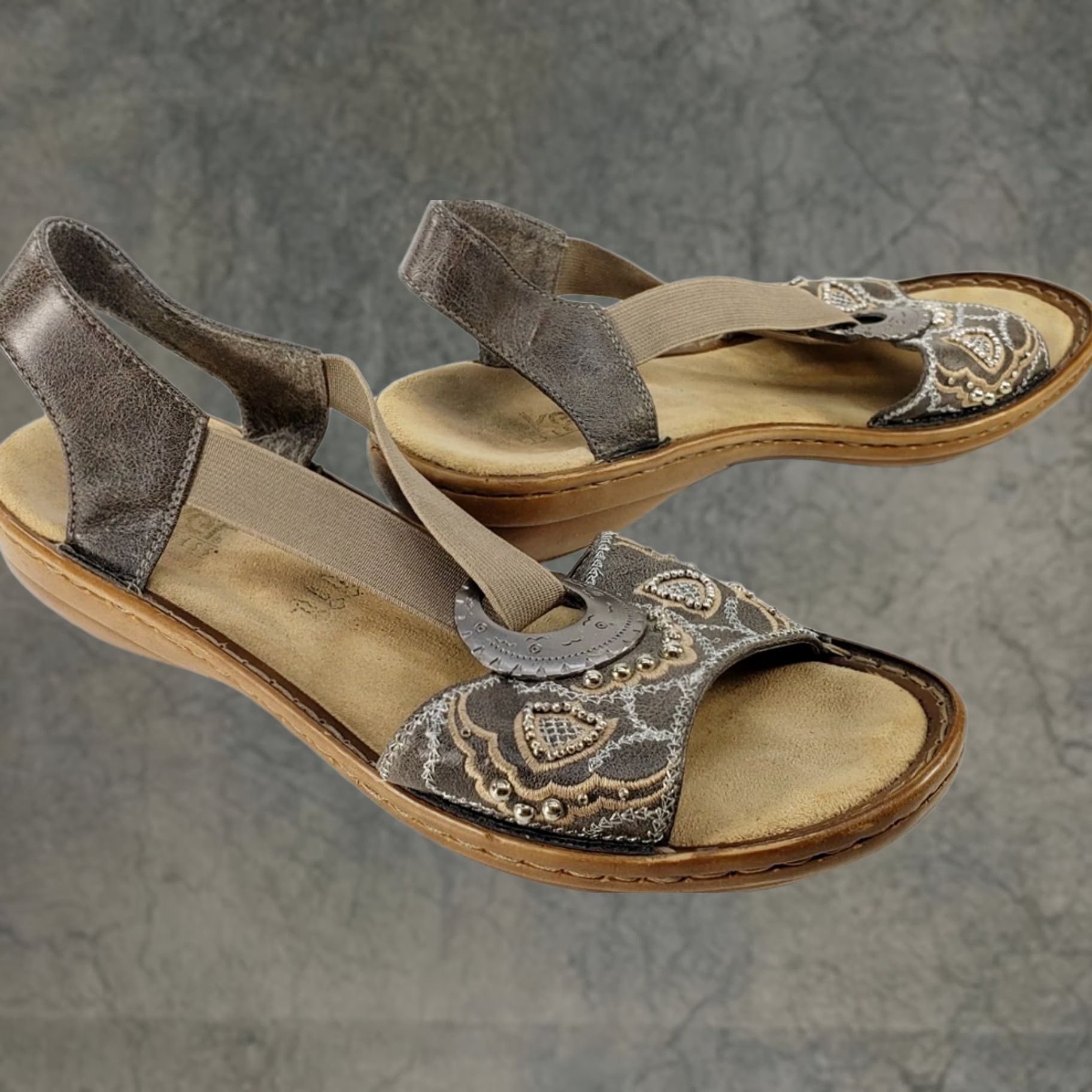 Rieker Rieker Regina Women's Brown Gold Pearl Sandals Elastic Straps Cushy Slingback Size 8M 39E Size US 8 / IT 38 - 1 Thumbnail