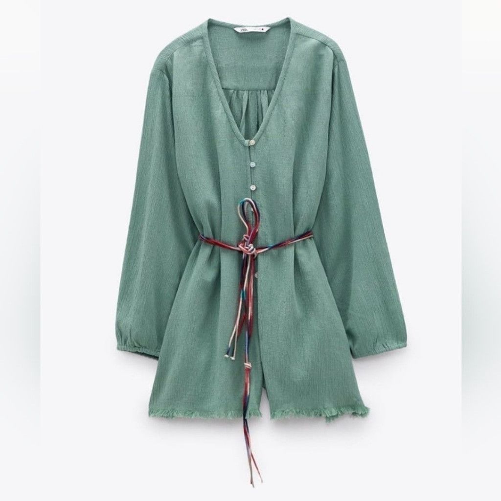 Zara NWT Zara 'Mumbai Jumpsuit' Sage Green Raw Hem Romper & Belt Size 25" / US 0 / IT 36 - 5 Thumbnail
