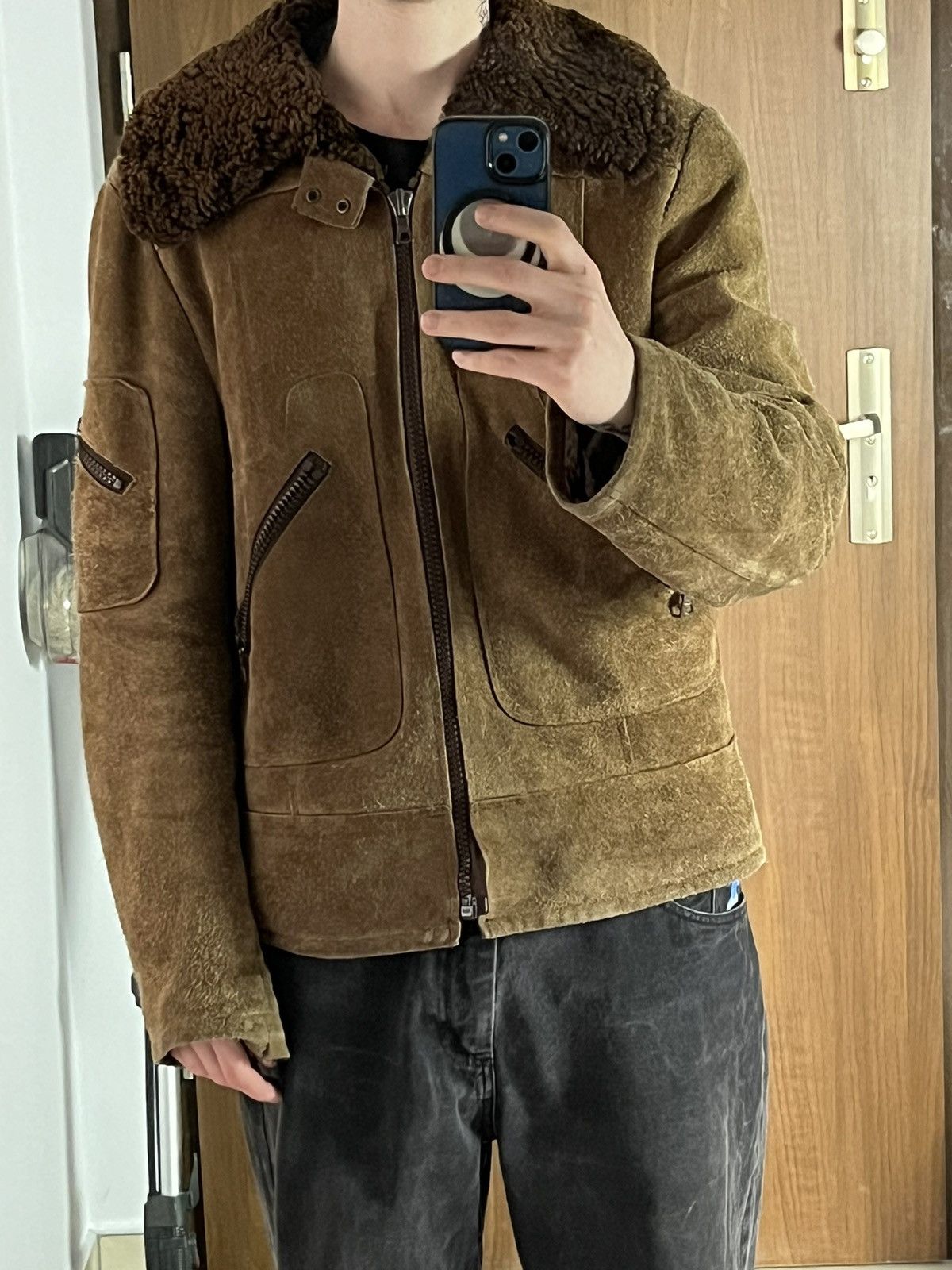 Genuine Leather ➕ 80s vintage suede faded flyer shearling jacket aviator Size US L / EU 52-54 / 3 - 13 Thumbnail
