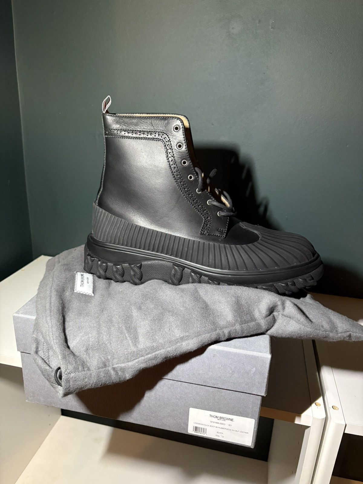 Thom Browne BLACK CALF LEATHER RUBBER SOLE LONGWING DUCK BOOT Size US 12 / EU 45 - 1 Thumbnail