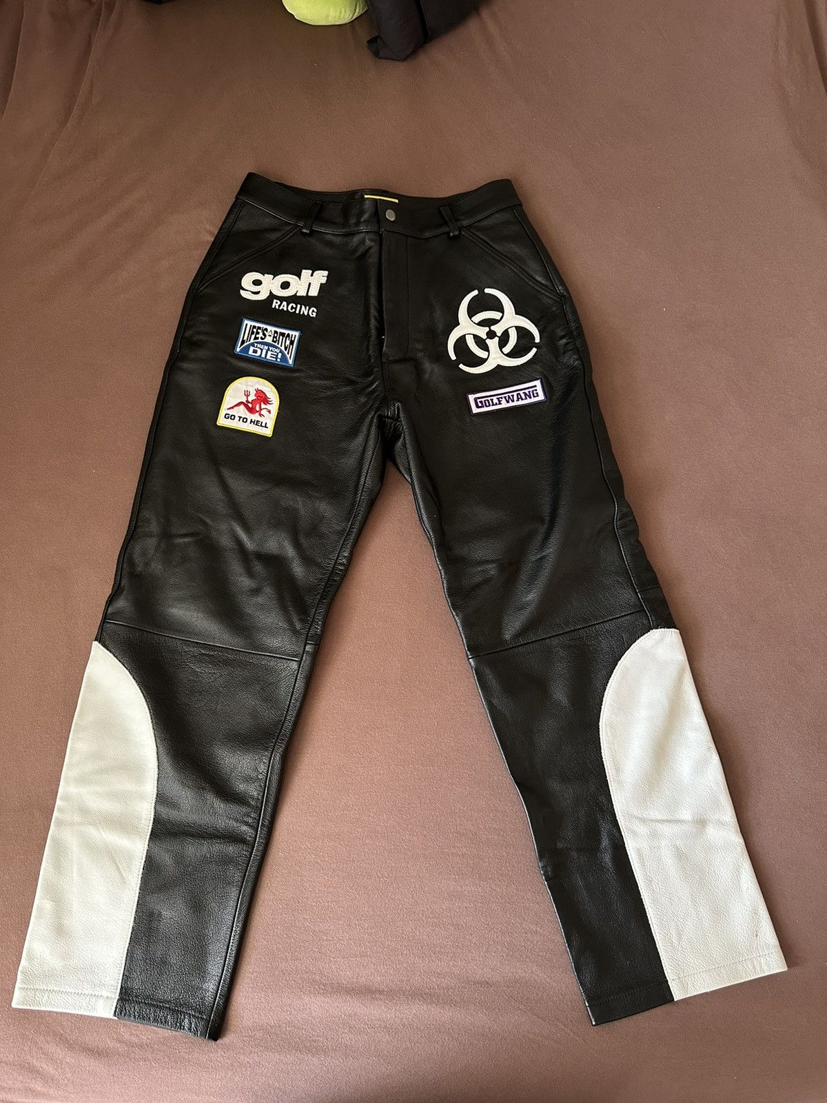 Image of Golf Wang Golf Racing Hazard Leather Pant Black/white, Men's (Size 34)