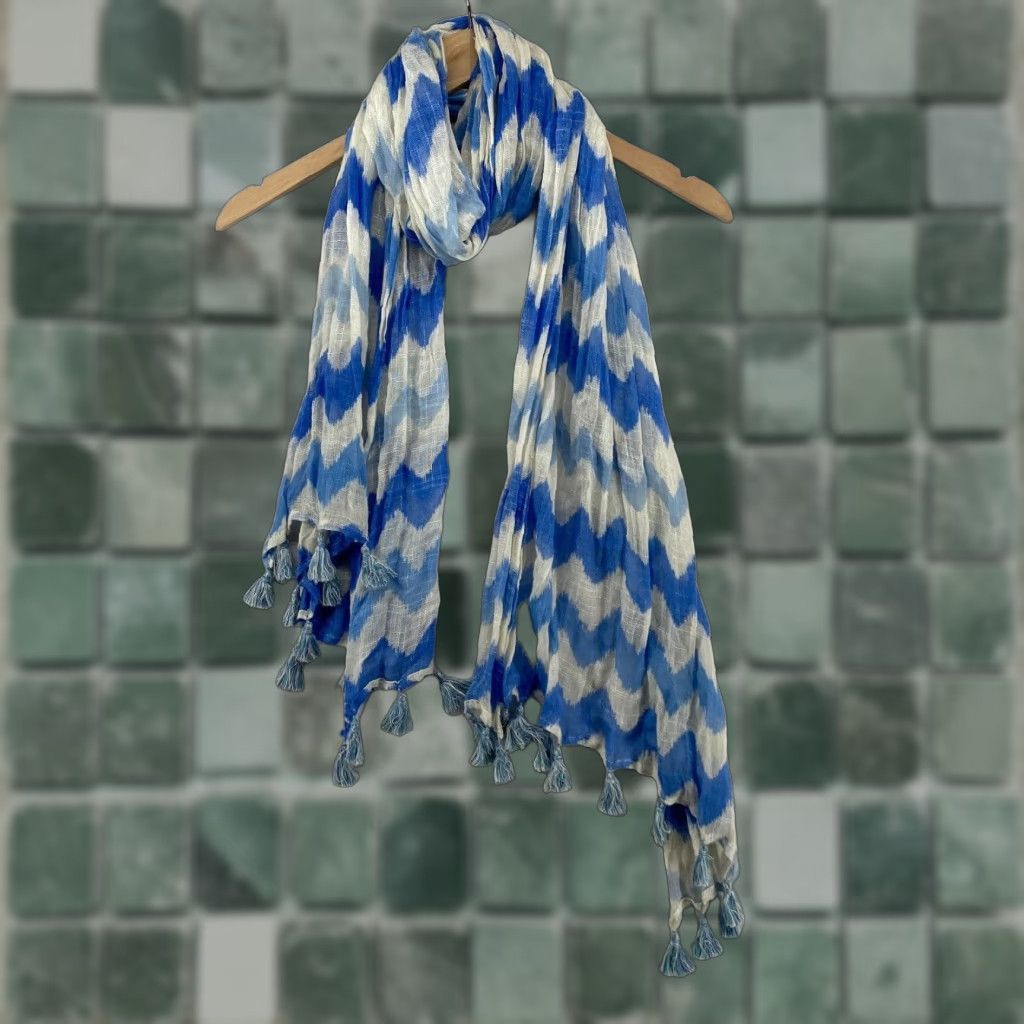J. McLaughlin Scarf Wrap Gauze Rectangle Blue Chevron Tassel Fringe 24