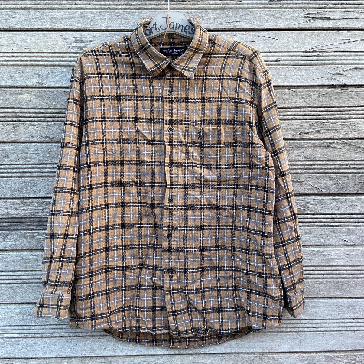 image of YSL Pour Homme Distressed Yvestsaintlauren Check Buttonup Shirt in Beige, Men's (Size Large)