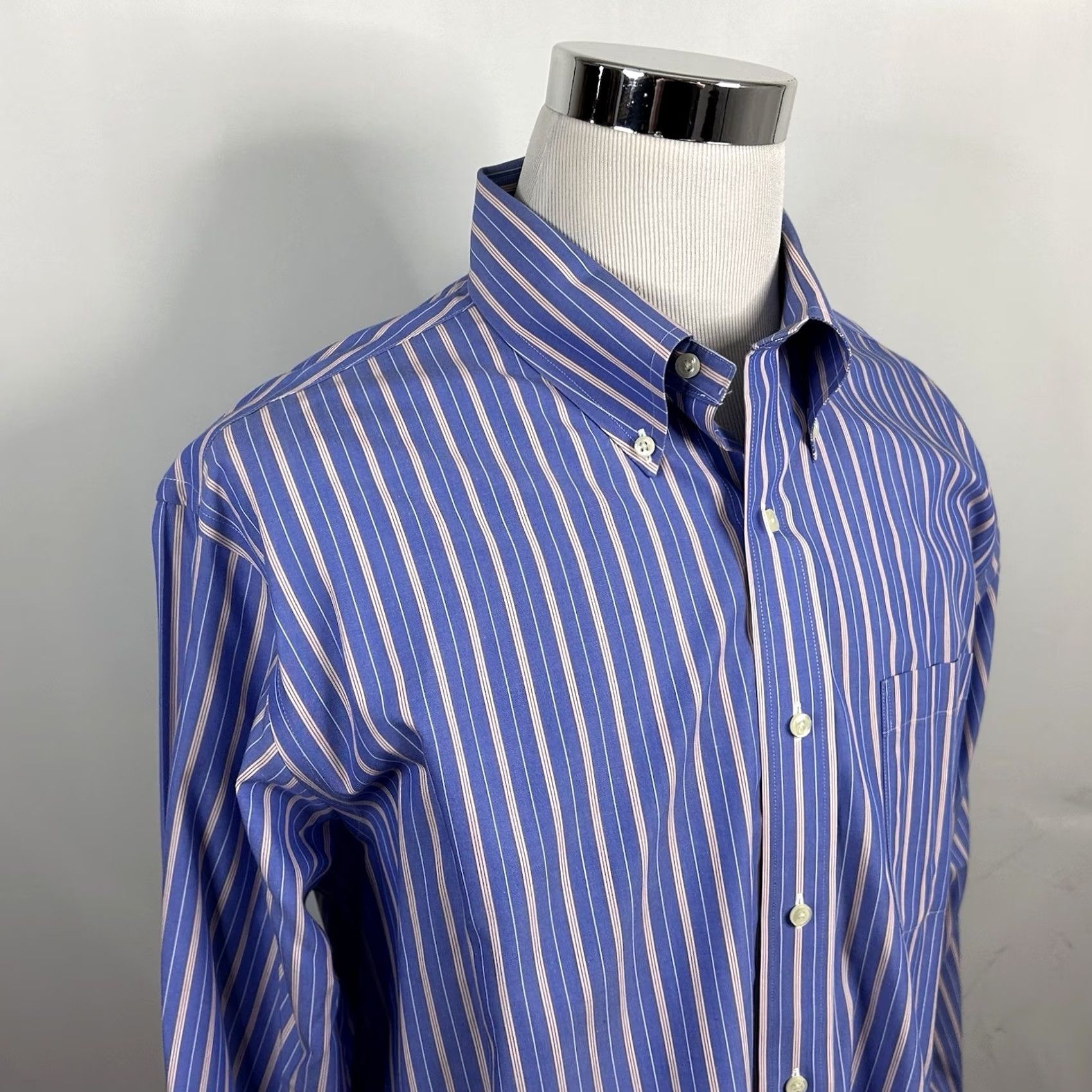 Brooks Brothers Brooks Brothers Dress Shirt Slim 17.5 34 Non-Iron Striped Button-Down Blue Red White, 100% Cotton, Regular, Mens Size 48R - 2 Thumbnail