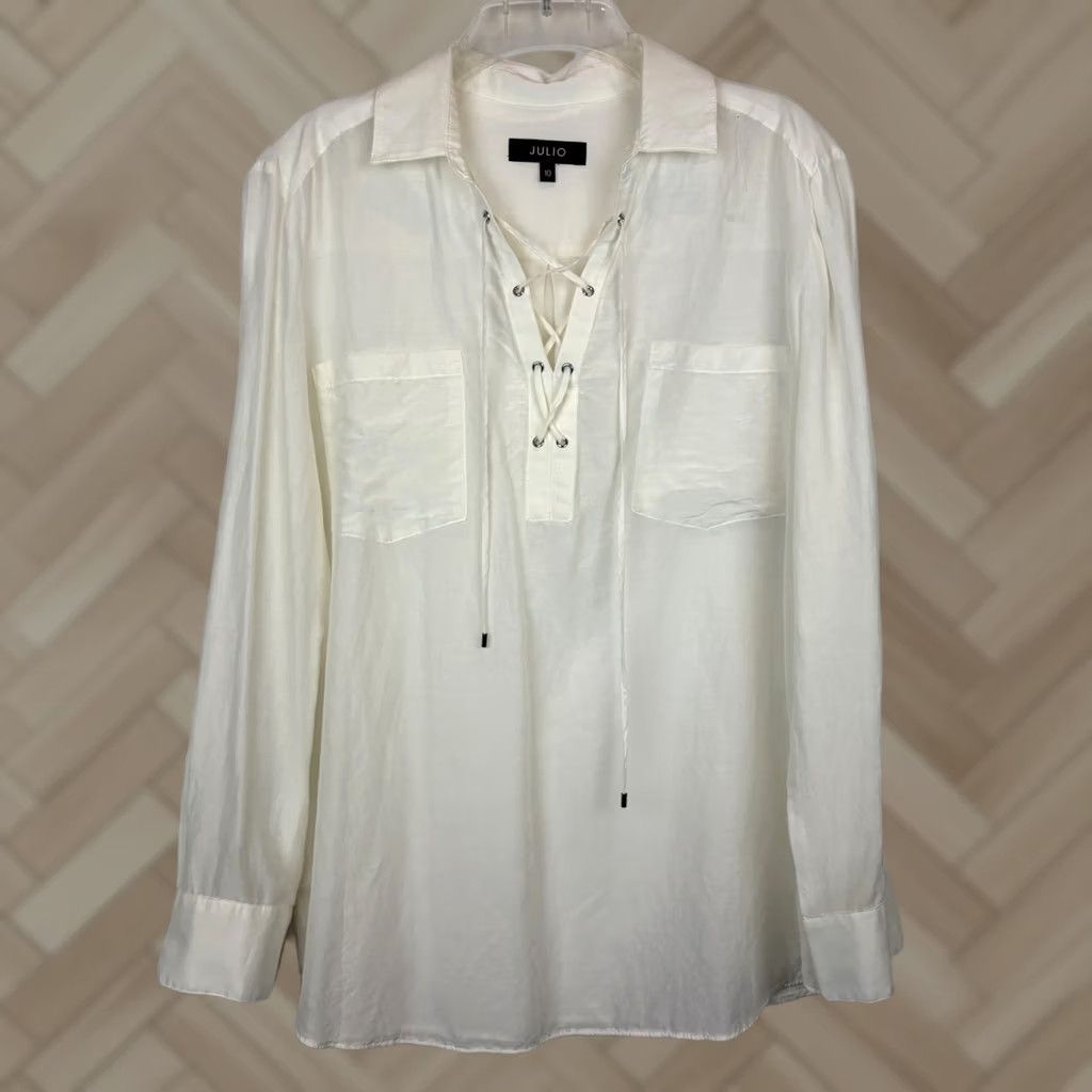 Vintage White Cottage Coastal Beach Lace Up Sheer Poet Button Shirt Women 10 Size L / US 10 / IT 46 - 1 Thumbnail