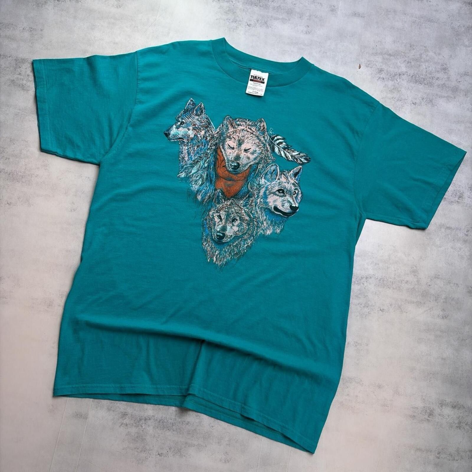 Tultex Vintage Teal Wolf Nature Graphic T-Shirt Size US XL / EU 56 / 4 - 2 Thumbnail