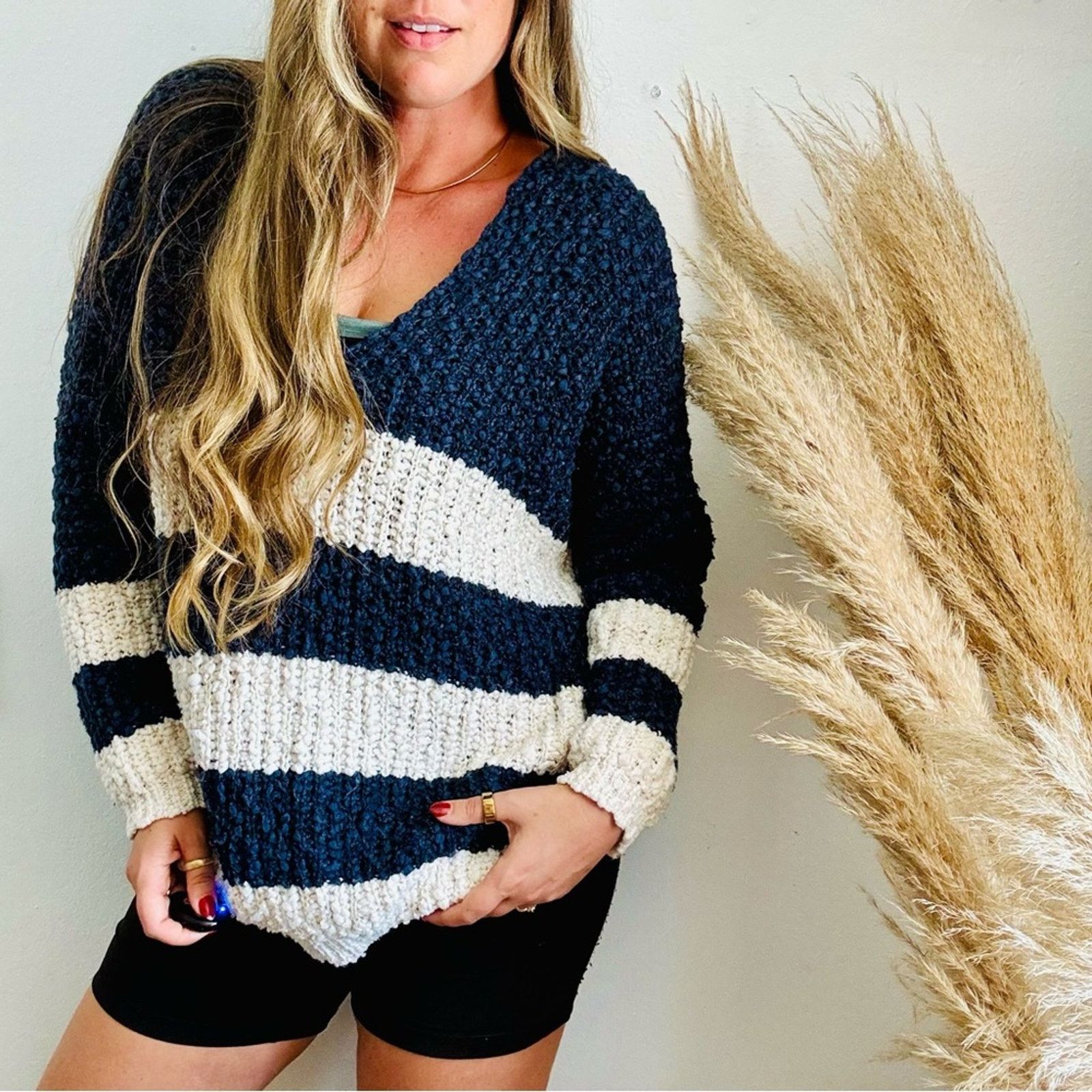 Nordstrom WISHLIST Navy Blue White Stripe Bold Chunky Pullover Sweater Size M / US 6-8 / IT 42-44 - 1 Thumbnail