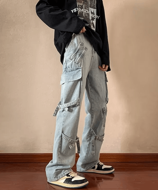 Japanese Brand Street retro strappy men's straight zipper cargo jeans Size US 32 / EU 48 - 1 Thumbnail
