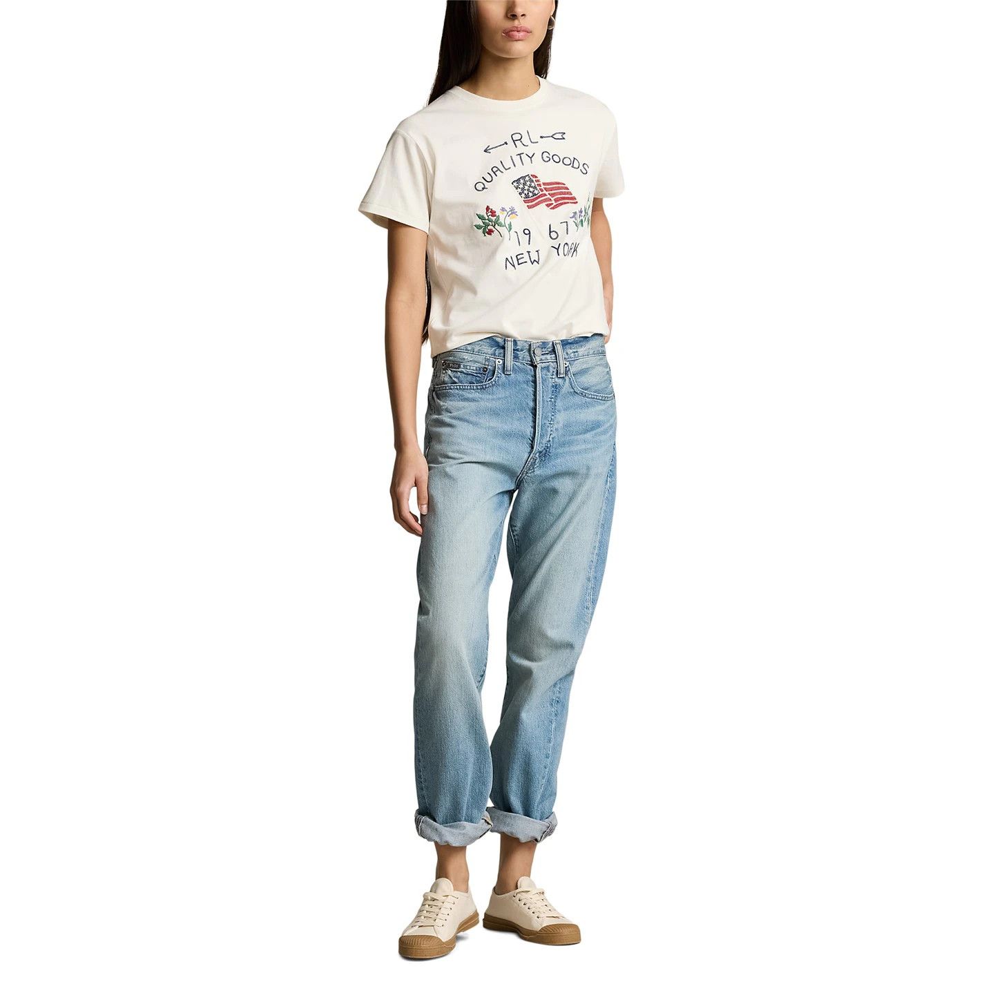 Polo Ralph Lauren o1g2r1mq0925 Embroidered Flag Cotton T-Shirt in Cream Size XS / US 0-2 / IT 36-38 - 5 Thumbnail