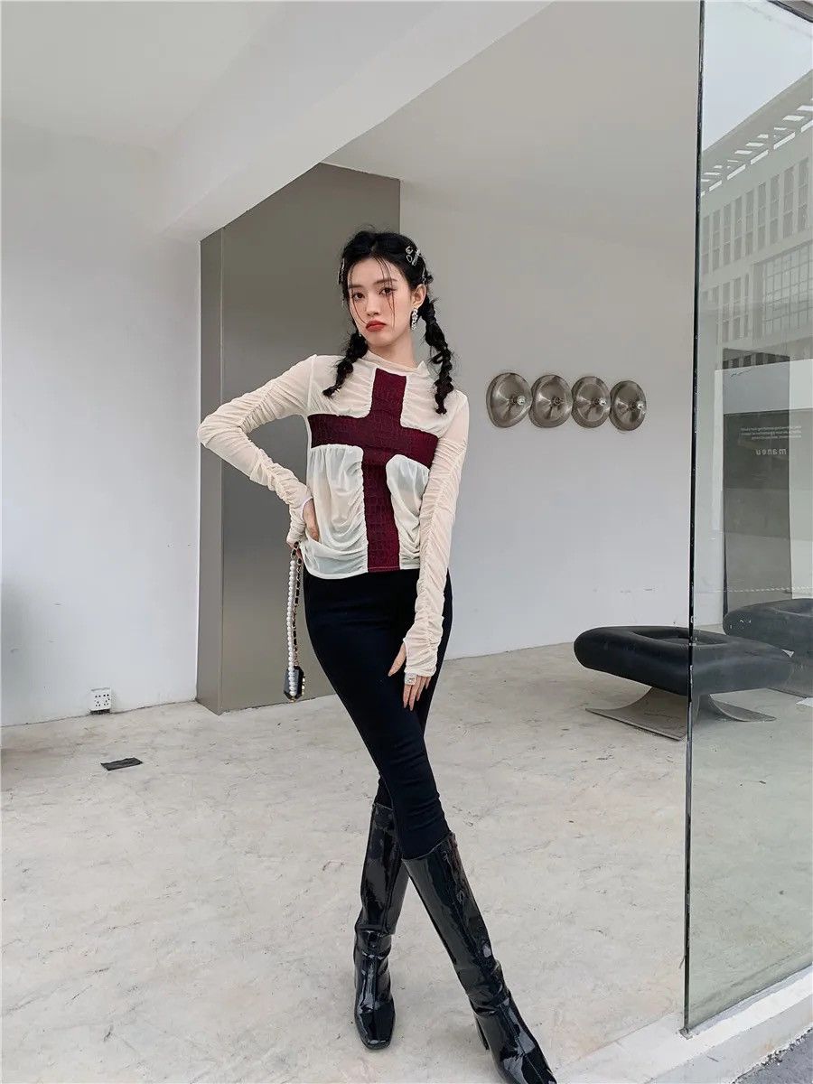 Japanese Brand × Vintage Gothic punk cross ruched sleeve sheer mesh top rock Size M / US 6-8 / IT 42-44 - 5 Thumbnail