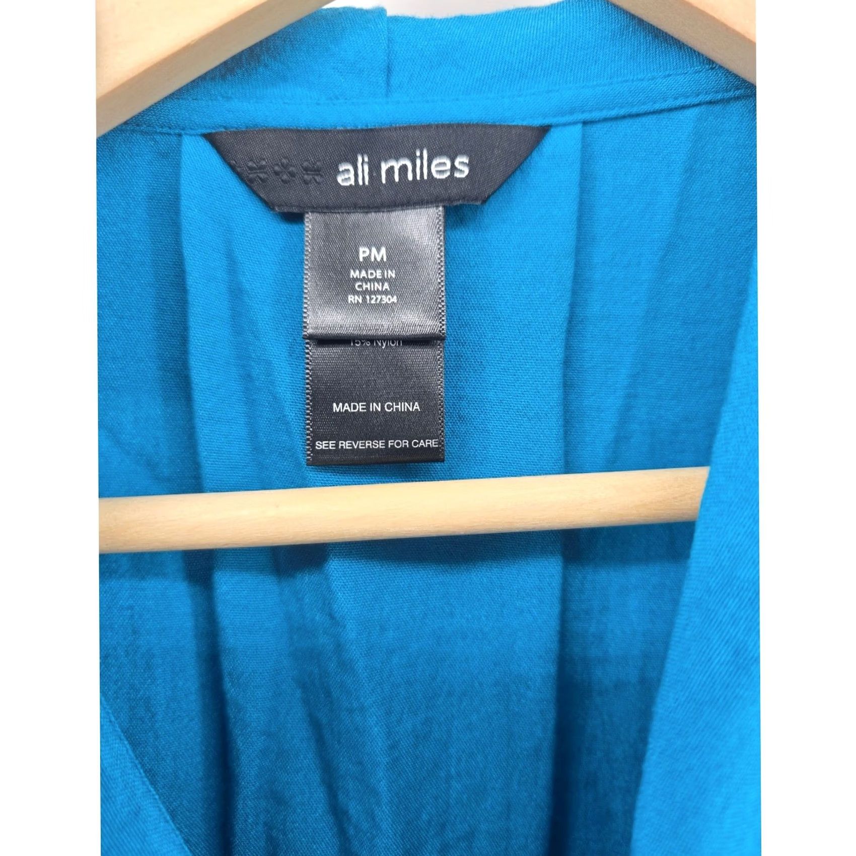 Vintage Ali Miles Tunic Top Womens PM Teal Blue Cowl Neck Button Tab Roll-Sleeve Rayon Size M / US 6-8 / IT 42-44 - 2 Thumbnail