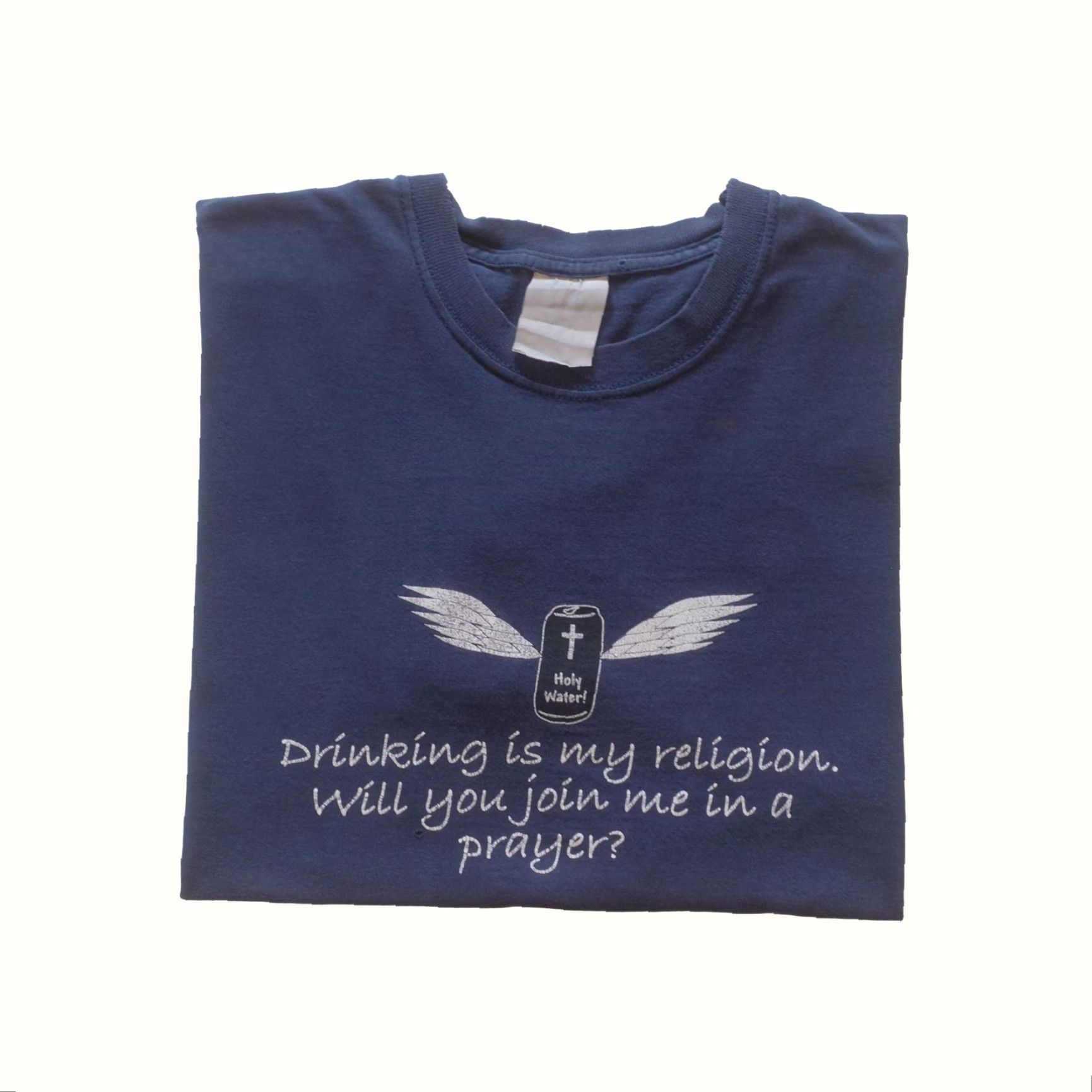 Fruit Of The Loom FRUIT OF THE LOOM HOLY WATER DRINKING IS MY RELIGION FADED BLUE T SHIRT L Mens Size Regular Cotton Short Sleeve Crew Neck Graphic Print 90s Shirt Size US L / EU 52-54 / 3 - 2 Thumbnail