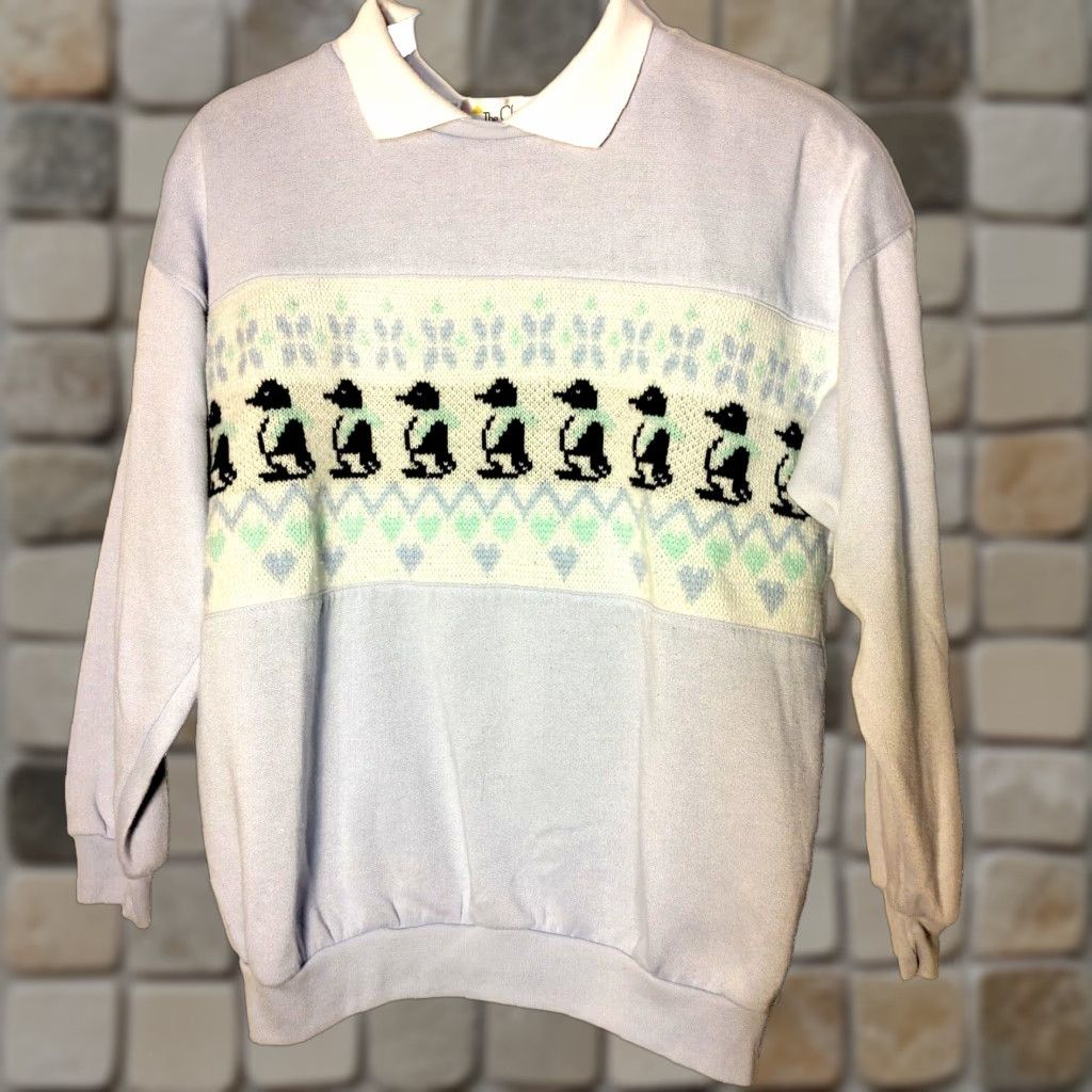 CO The Classics by Eileen & Co. Penguin Sweatshirt Shirt Blue S Womens Regular KnIT Front Collared Long Sleeve Vintage Subtle Bird Nature Ocean Wall Art Size S / US 4 / IT 40 - 1 Thumbnail