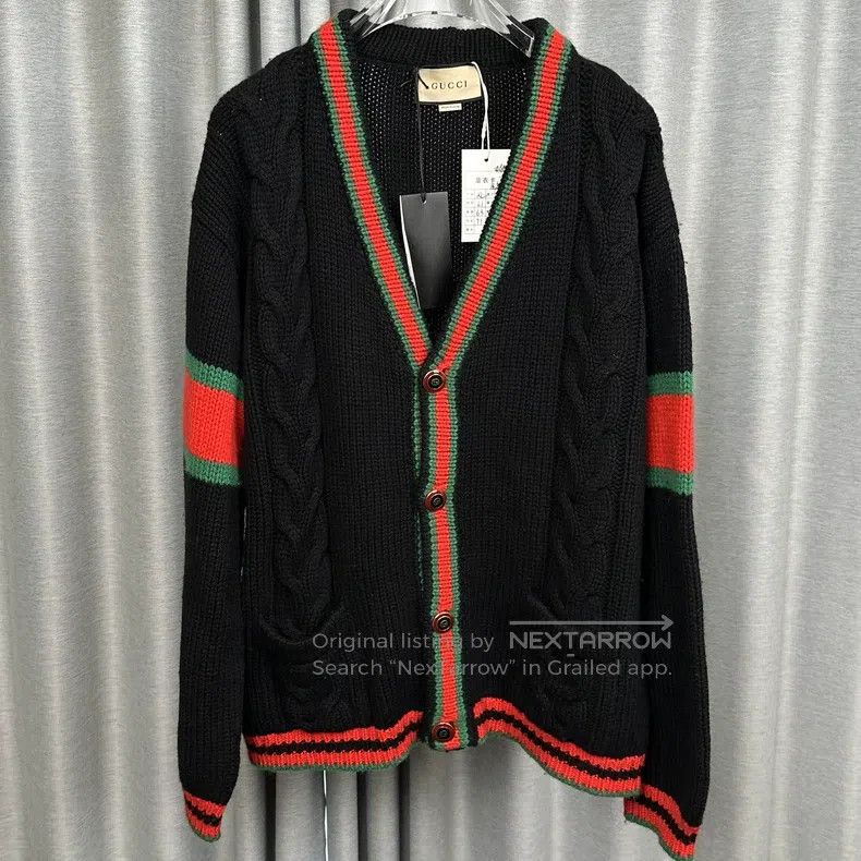 Gucci Red and green striped V-neck wool cardigan coat