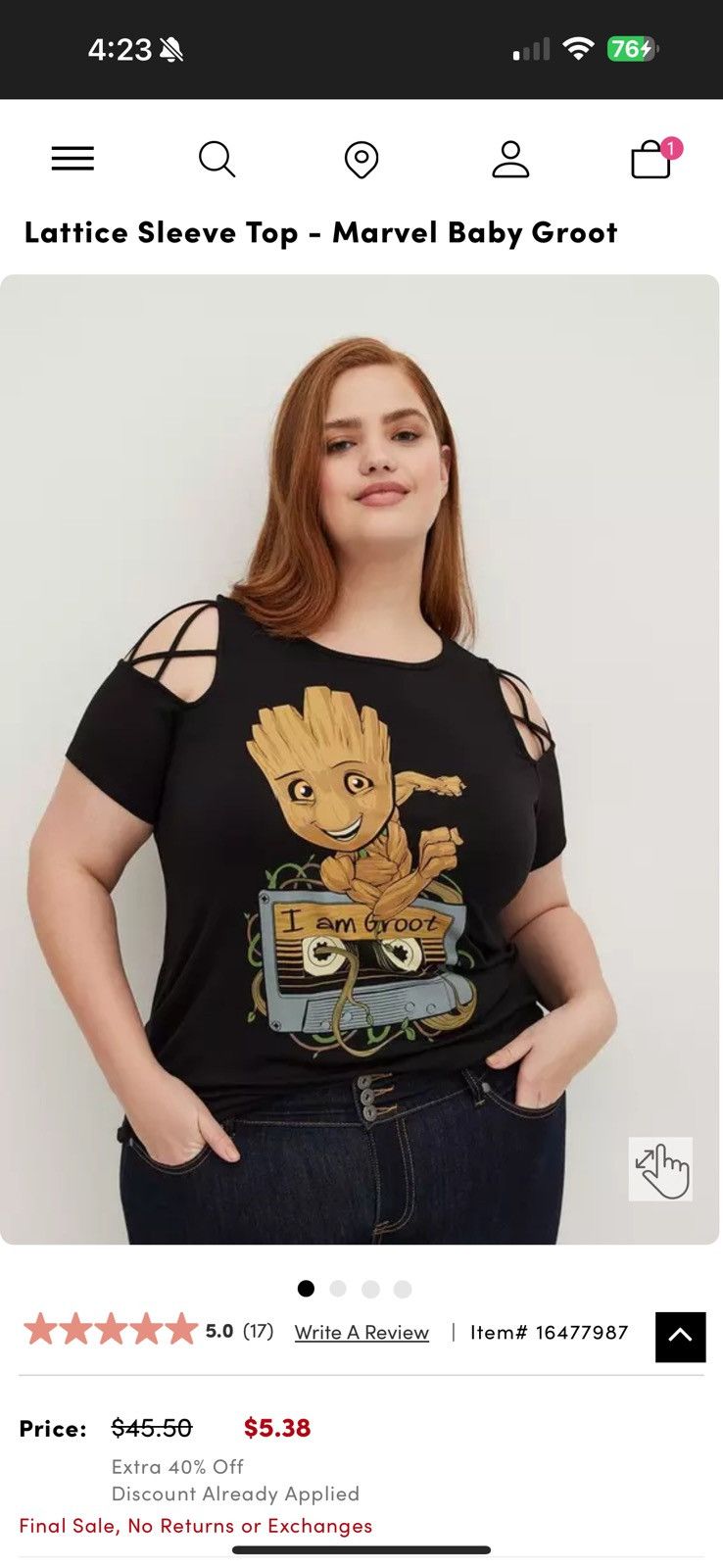 Torrid Torrid Marvel Size 5X Baby Groot Lattice Sleeve Top Size ONE SIZE - 1 Thumbnail