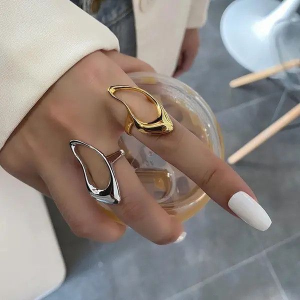 Jewelry Liquid Metal Chunky Hollow Open Adjustable Set Of Rings Size ONE SIZE - 7 Thumbnail