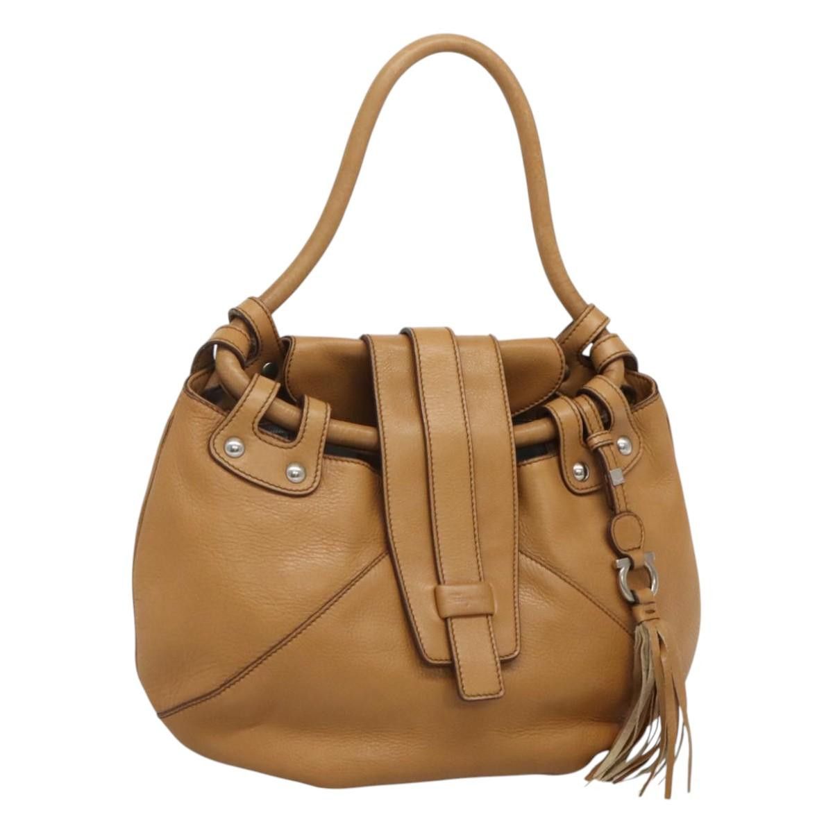 Salvatore Ferragamo Gancini Shoulder Bag Leather Beige Auth 116350, Women's
