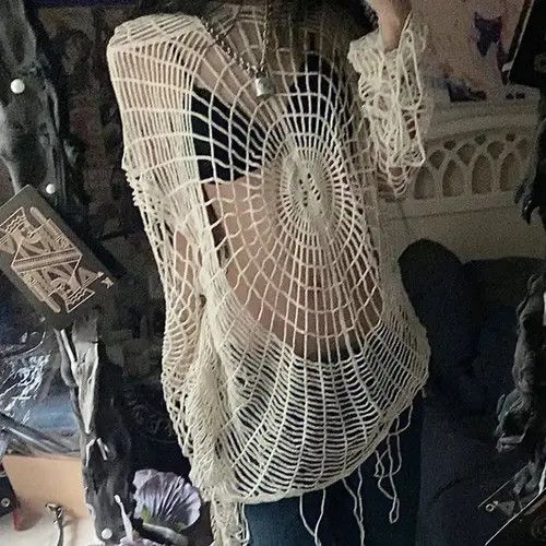 Designer Y2K Spider Web with Holes Hooded Pullover Knitted Sweater Size US M / EU 48-50 / 2 - 7 Thumbnail