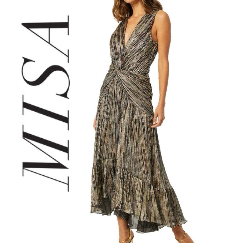 MISA LOS ANGELES MAX DRESS METALLIC AVA TWIST RUCHED SZ XL