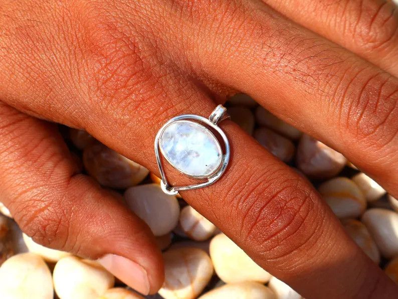 Handmade Rainbow Oval Moonstone Ring, Handmade Sterling Silver Ring Size ONE SIZE - 8 Thumbnail